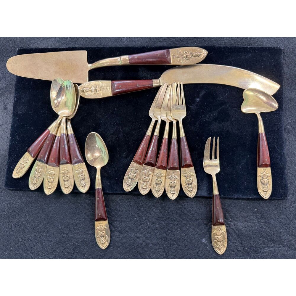 Vintage 1950's Siam Bronze and Rosewood Buddha Flatware Set Thailand